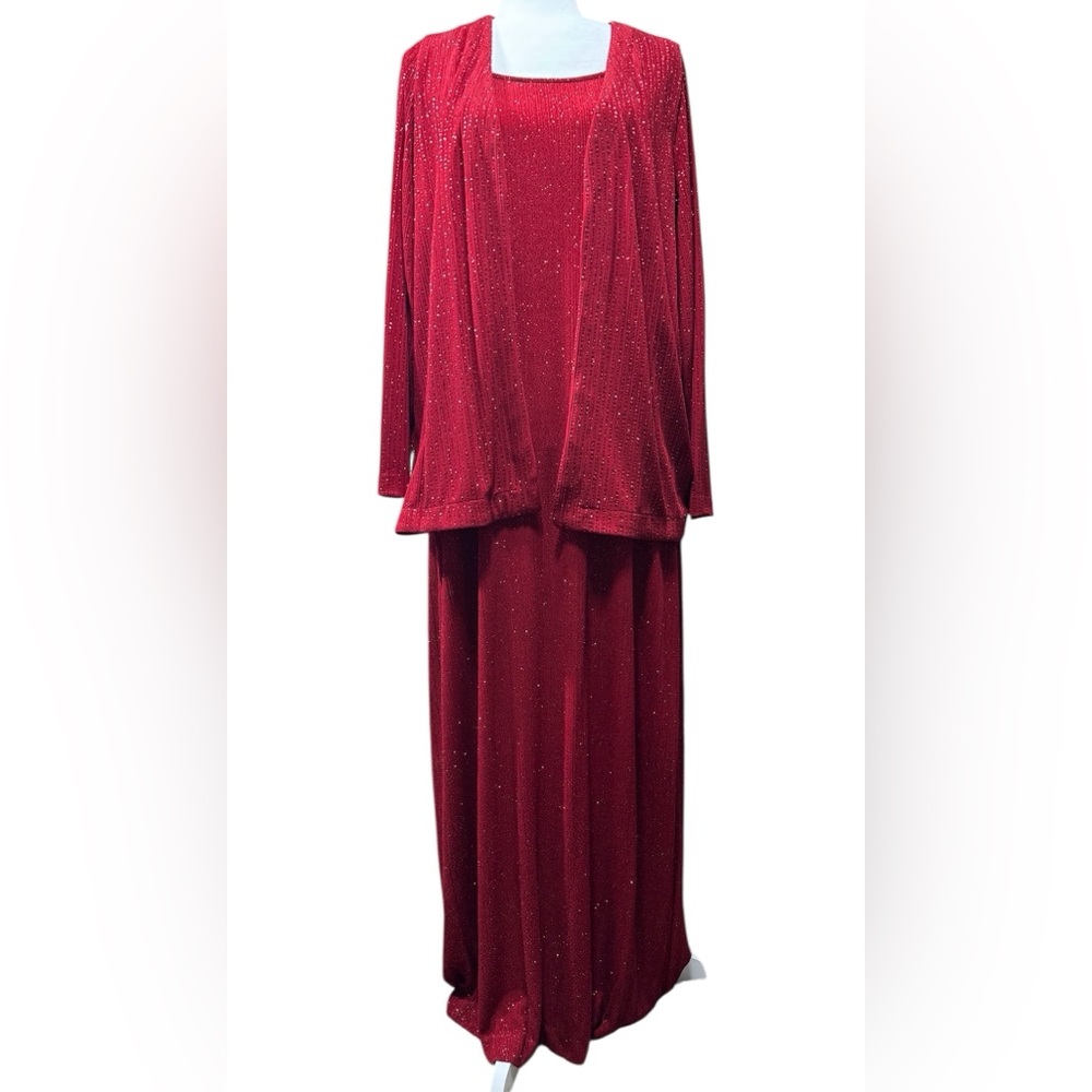 ALEX EVENING 2-Piece Set Red Glitter Long Sleeveless Dress & Jacket | Size 18
